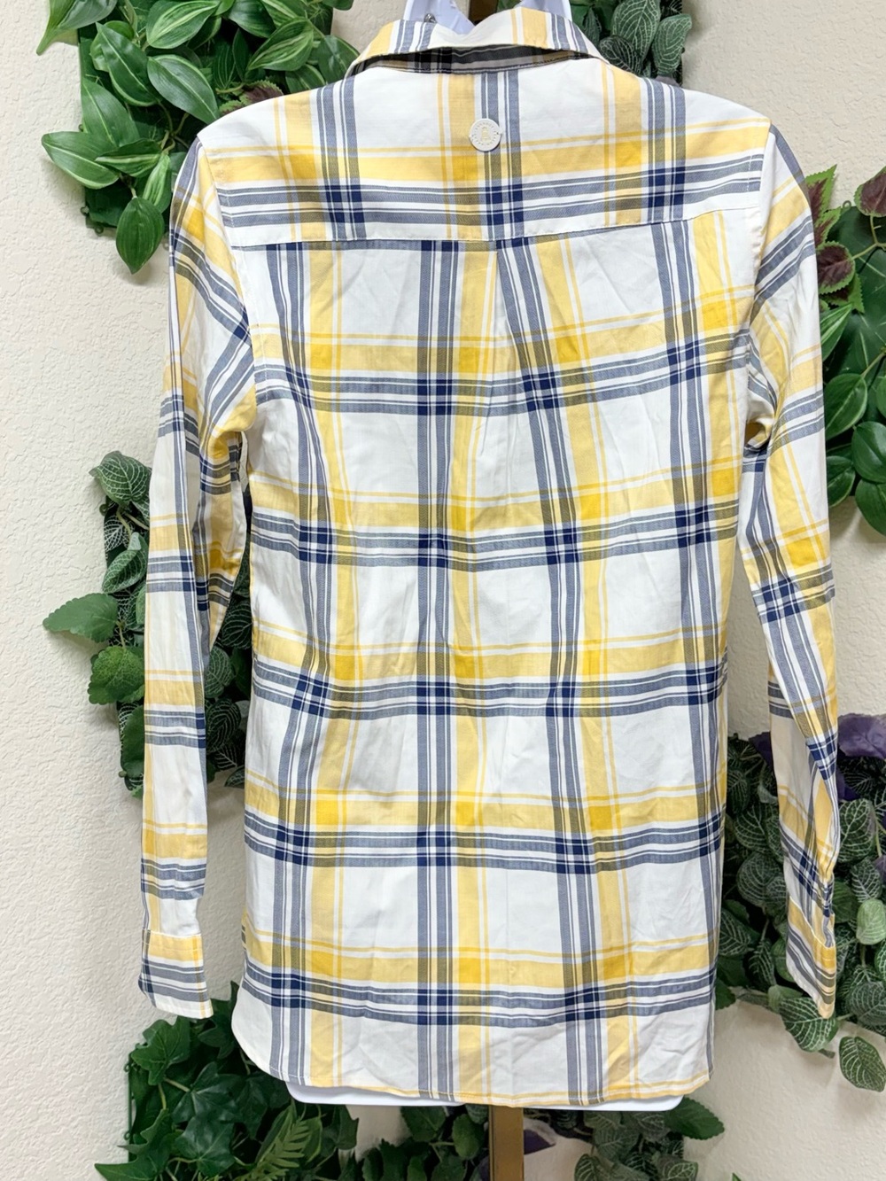 Barbour Newton Plaid Button Down Shirt Yellow Navy Preppy Coastal Size 4 - Picture 7 of 9